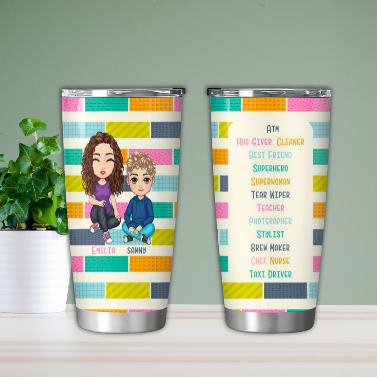 Mom are ATM, Hug Giver, Stylist, Teacher- Personalized Tumbler for Mom