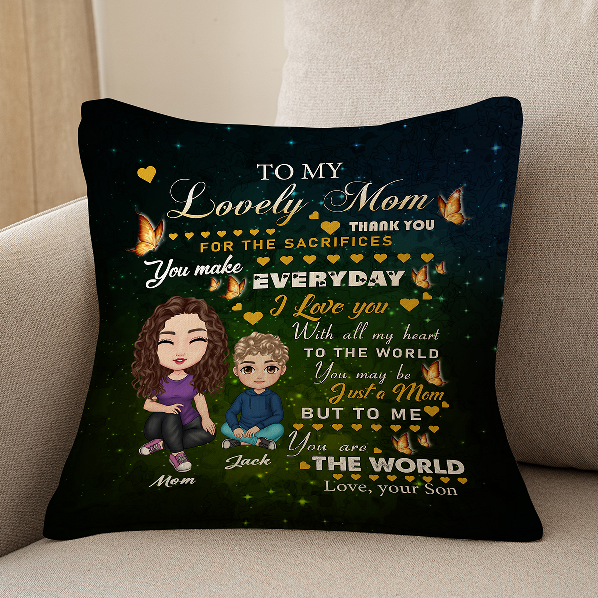 Gracias por los sacrificios: almohada personalizada para mamá de parte de su hijo