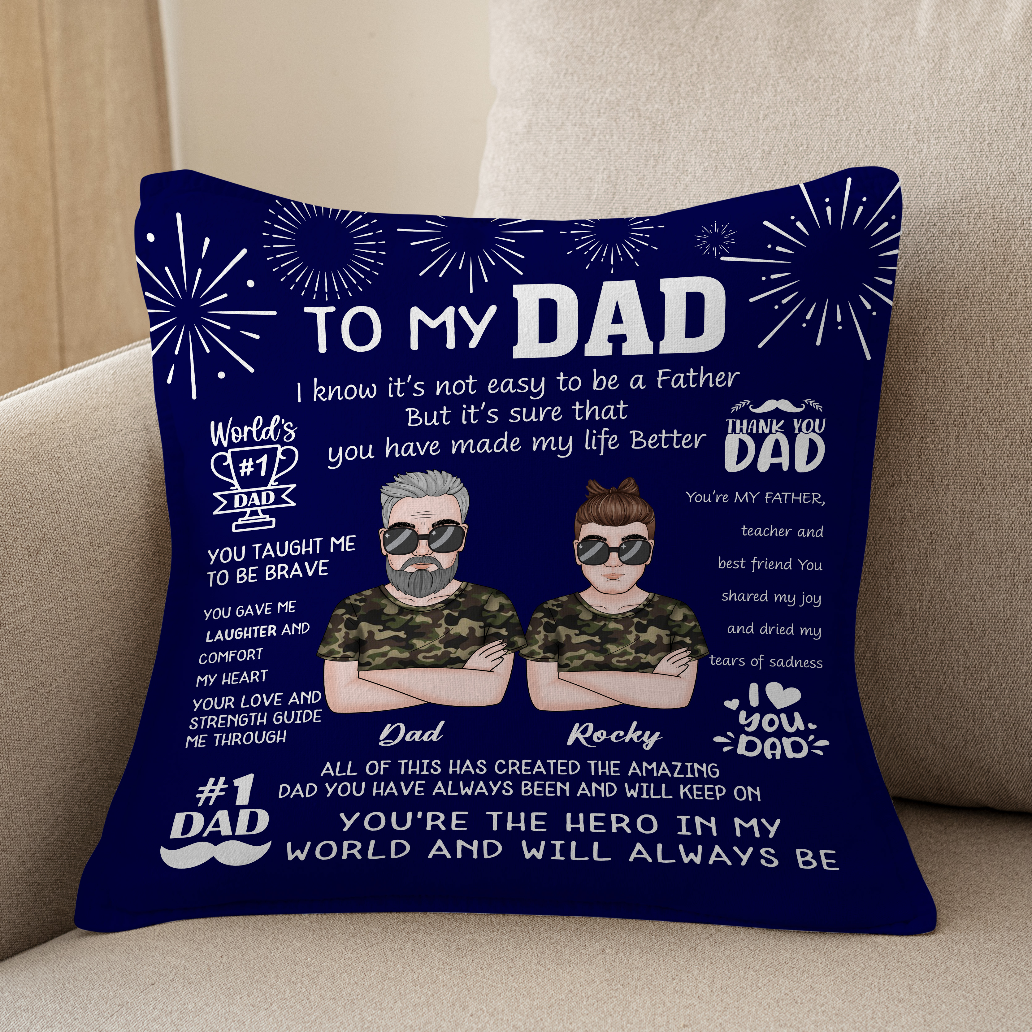 Eres el héroe de mi mundo: almohada personalizada como regalo para papá de parte de su hijo