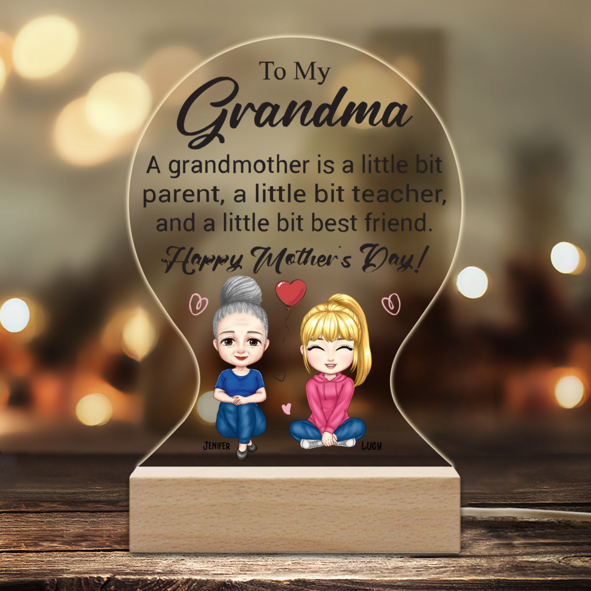 Grand-mère est un peu veilleuse en plaque acrylique personnalisée par les parents pour grand-mère