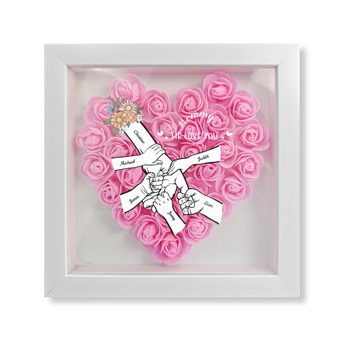 Mom and Kids Holding Hands-Personalized Flower Shadow Box gift for Mom